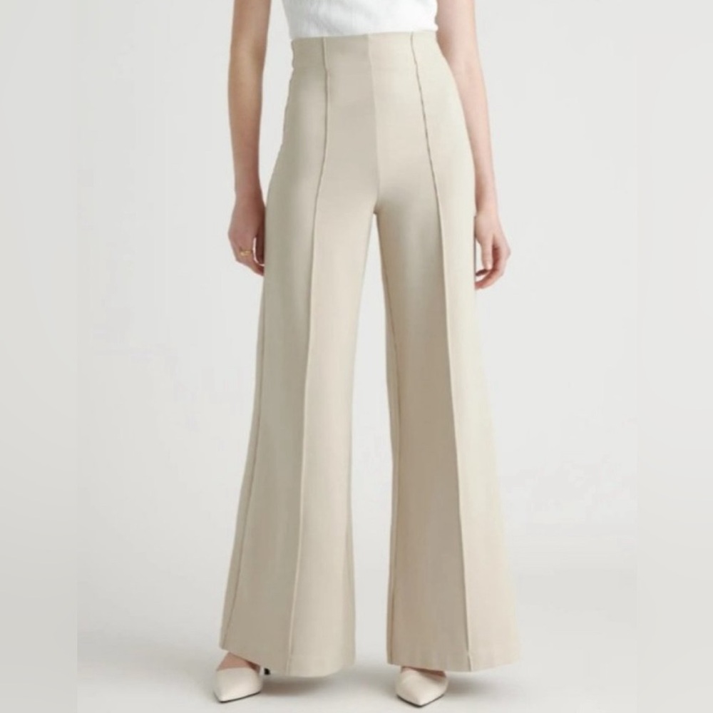 Quince Ultra-Stretch Super Wide Leg Ponte Pants Pleat High Waisted Ecru Beige M